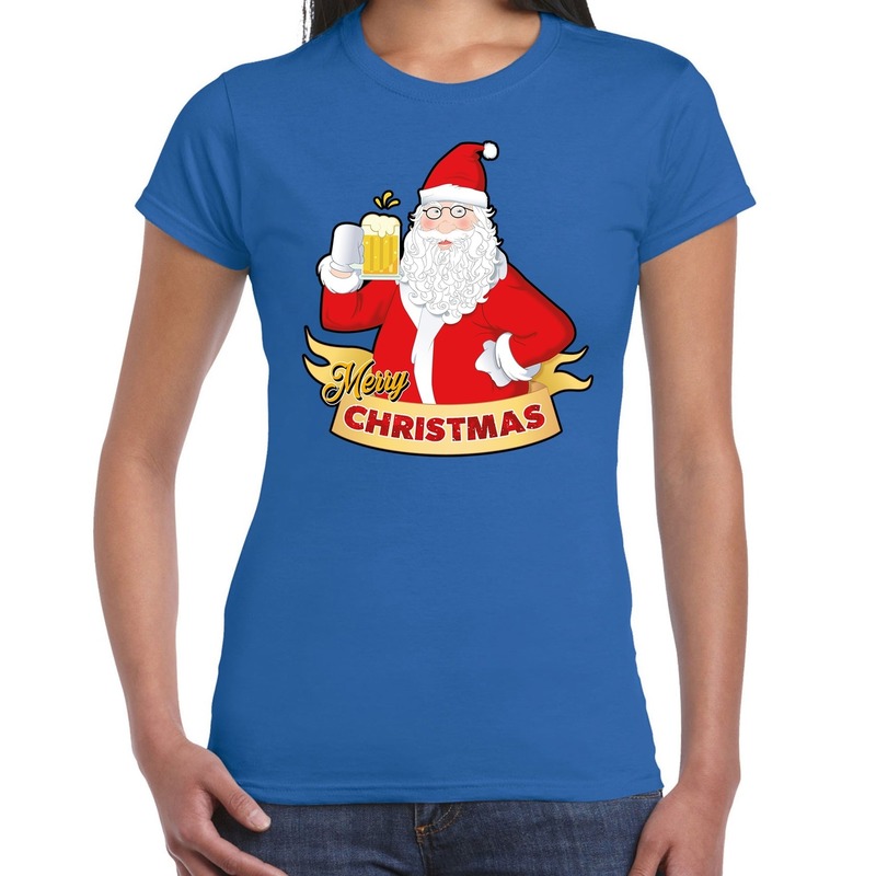 Blauw kerstshirt / kerstkleding santa met pul bier voor dames S - Top Merken Winkel